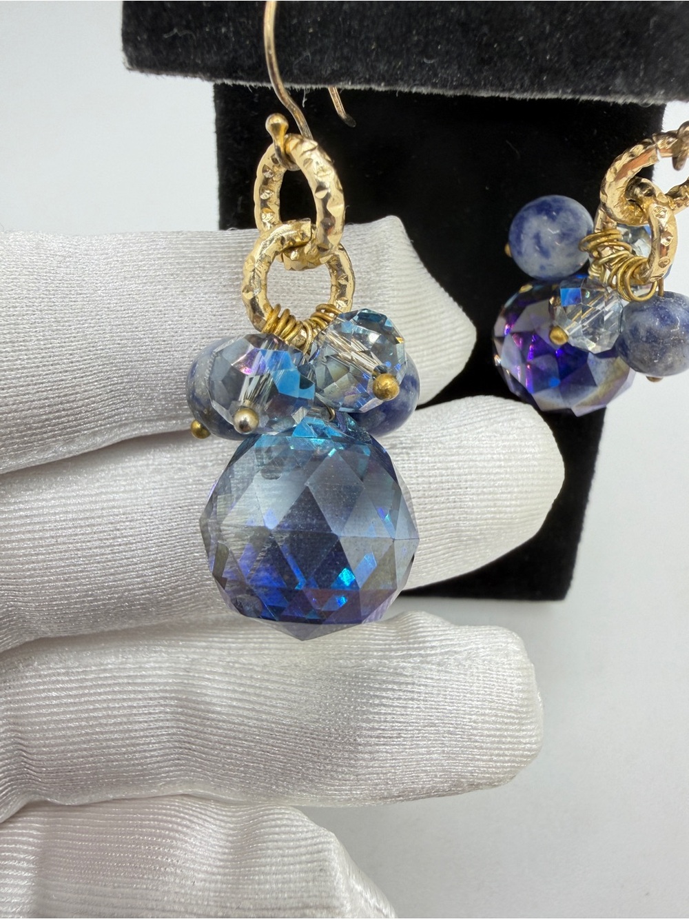 Gold over Sterling silver stamped hooks, crystal and sodalite dangle earrings! - Picture 9 of 16
